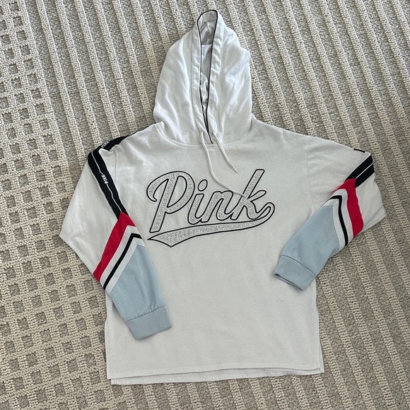 PINK Victoria's Secret Tops - PINK Victoria's Secret White Hoodie with Colorful Sleeve Stripes